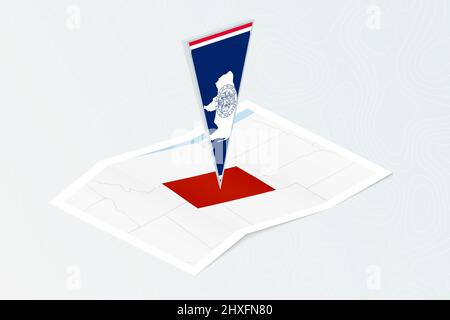 Isometrische Papierkarte von Wyoming mit dreieckiger Flagge von Wyoming im isometrischen Stil. Karte auf topografischem Hintergrund. Vektorgrafik. Stock Vektor