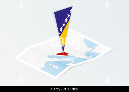 Isometrische Papierkarte von Bosnien und Herzegowina mit dreieckiger Flagge von Bosnien und Herzegowina im isometrischen Stil. Karte auf topografischem Hintergrund. Vektor Stock Vektor