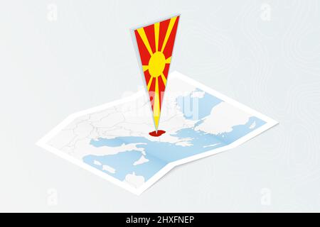 Isometrische Papierkarte von Mazedonien mit dreieckiger Flagge Mazedoniens im isometrischen Stil. Karte auf topografischem Hintergrund. Vektorgrafik. Stock Vektor