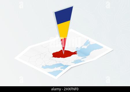 Isometrische Papierkarte von Rumänien mit dreieckiger Flagge Rumäniens im isometrischen Stil. Karte auf topografischem Hintergrund. Vektorgrafik. Stock Vektor