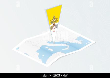Isometrische Papierkarte der Vatikanstadt mit dreieckiger Flagge der Vatikanstadt im isometrischen Stil. Karte auf topografischem Hintergrund. Vektorgrafik. Stock Vektor