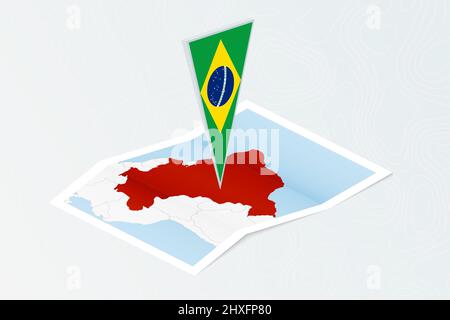 Isometrische Papierkarte von Brasilien mit dreieckiger Flagge Brasiliens im isometrischen Stil. Karte auf topografischem Hintergrund. Vektorgrafik. Stock Vektor