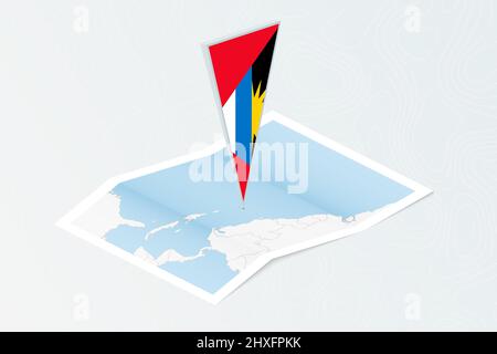 Isometrische Papierkarte von Antigua und Barbuda mit dreieckiger Flagge von Antigua und Barbuda im isometrischen Stil. Karte auf topografischem Hintergrund. Vektor-Illus Stock Vektor