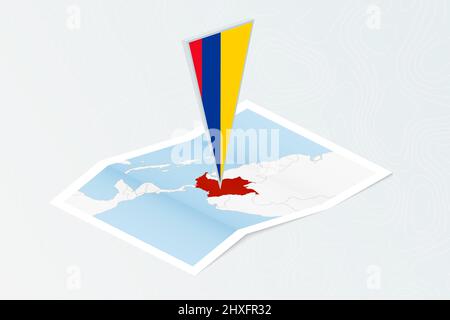 Isometrische Papierkarte von Kolumbien mit dreieckiger Flagge Kolumbiens im isometrischen Stil. Karte auf topografischem Hintergrund. Vektorgrafik. Stock Vektor