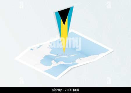 Isometrische Papierkarte der Bahamas mit dreieckiger Flagge der Bahamas im isometrischen Stil. Karte auf topografischem Hintergrund. Vektorgrafik. Stock Vektor