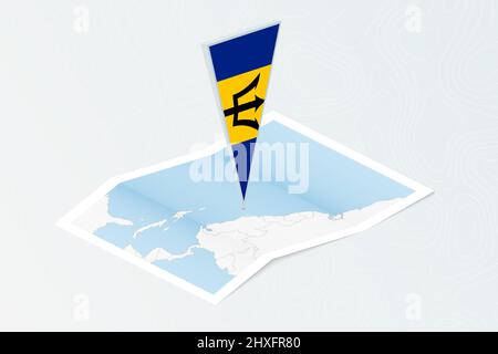 Isometrische Papierkarte von Barbados mit dreieckiger Flagge von Barbados im isometrischen Stil. Karte auf topografischem Hintergrund. Vektorgrafik. Stock Vektor