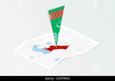 Isometrische Papierkarte von Turkmenistan mit dreieckiger Flagge Turkmenistans im isometrischen Stil. Karte auf topografischem Hintergrund. Vektorgrafik. Stock Vektor