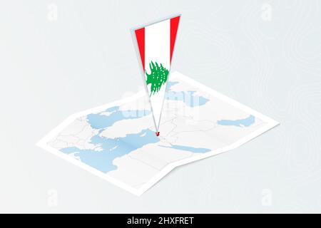 Isometrische Papierkarte des Libanon mit dreieckiger Flagge des Libanon im isometrischen Stil. Karte auf topografischem Hintergrund. Vektorgrafik. Stock Vektor