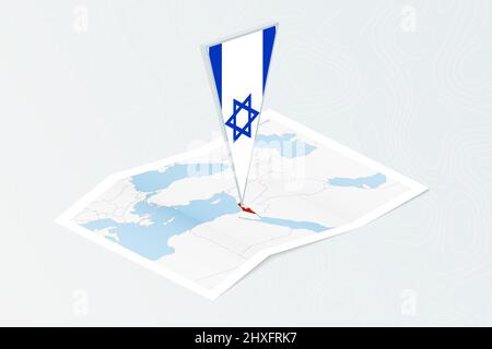 Isometrische Papierkarte von Israel mit dreieckiger Flagge Israels im isometrischen Stil. Karte auf topografischem Hintergrund. Vektorgrafik. Stock Vektor