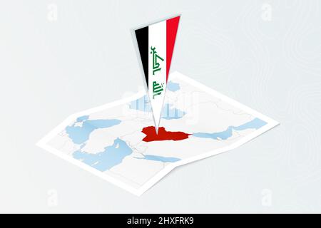 Isometrische Papierkarte des Irak mit dreieckiger Flagge des Irak im isometrischen Stil. Karte auf topografischem Hintergrund. Vektorgrafik. Stock Vektor