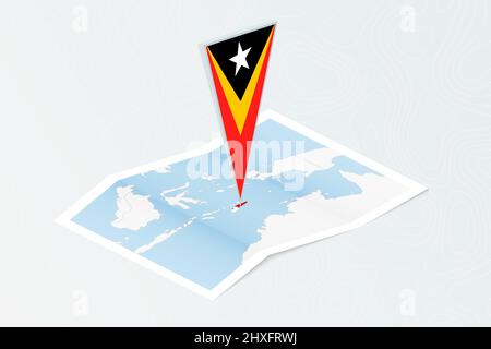Isometrische Papierkarte von Ost-Timor mit dreieckiger Flagge von Ost-Timor im isometrischen Stil. Karte auf topografischem Hintergrund. Vektorgrafik. Stock Vektor