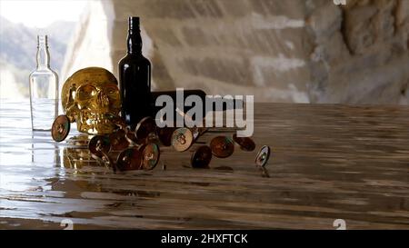 Nahaufnahme eines abstrakten Bronzeschädels auf einem Tisch mit leeren Bierflaschen und fallenden Münzen. Design. Abstrakter Hintergrund im Piratenstil. Stockfoto