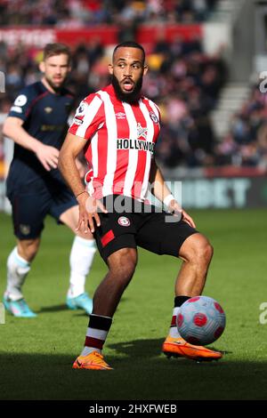 London, Großbritannien. 12. März 2022. LONDON, GROSSBRITANNIEN. MÄR 12. Bryan Mbeumo von Brentford beim Premier League-Spiel zwischen Brentford und Burnley im Brentford Community Stadium, Brentford, am Samstag, 12.. März 2022. (Kredit: Tom West | MI News) Kredit: MI Nachrichten & Sport /Alamy Live News Stockfoto