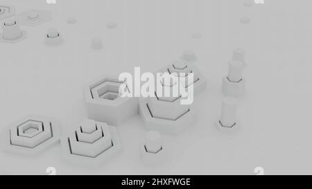 Abstract 3D Hintergrund mit Hexagon-Feld in Aktion, nahtlose Schleife. Design. Schwarz-Weiß-Technologie extrudierende Sechsecke unterschiedlicher Größe. Stockfoto