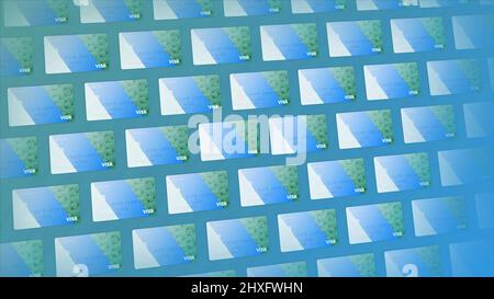 In vielen Zeilen schwebende Kreditkarten-Symbole. Bewegung. Blau schönes Design von modernen Kreditkarten, Konzept des Online-Shopping. Stockfoto