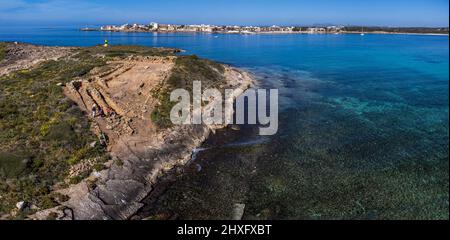 Na Guardis Insel, Fenicial Siedlung, 4. Jahrhundert vor Christus, Ses Salines, Mallorca, Balearen, Spanien. Stockfoto