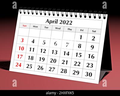 Eine Seite des monatlichen Jahreskalenders. Datum - Monat April 2022. 3D Rendern Stockfoto