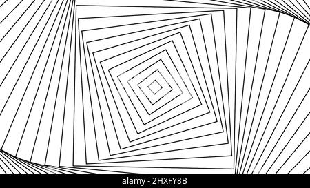 Abstrakte hypnotische optische Illusion rotierender Quadrate, nahtlose Schleife. Bewegung. Rotierende Rhomben, die den Effekt eines monochromen Wirbels erzeugen. Stockfoto