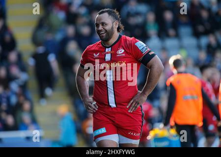 Newcastle, Großbritannien. 12. März 2022. NEWCASTLE UPON TYNE, GROSSBRITANNIEN. MÄR 12. Billy Vunipola von Saracens schaut während des Gallagher Premiership-Spiels zwischen Newcastle Falcons und Saracens im Kingston Park, Newcastle am Samstag, 12.. März 2022, auf. (Kredit: Chris Lishman | MI News) Kredit: MI Nachrichten & Sport /Alamy Live News Stockfoto