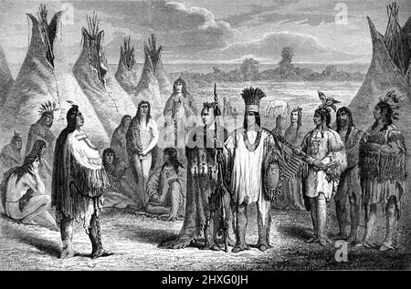 Tepees, Teepees oder Tipi Camp oder Village of Native American Cree Indians oder First Nation People, Kanada. Vintage Illustration oder Gravur 1860. Stockfoto