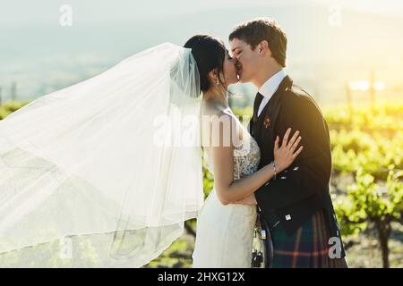 Zarte Momente. Aufnahme einer fröhlichen Braut und eines Bräutigams, die sich tagsüber draußen neben den Weinbergen einen Kuss teilen. Stockfoto