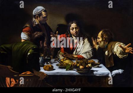 Abendessen in Emmaus, Michelangelo Merisi da Caravaggio, 1601, Öl und Tempera auf Leinwand, National Gallery, London, England, Großbritannien. Stockfoto