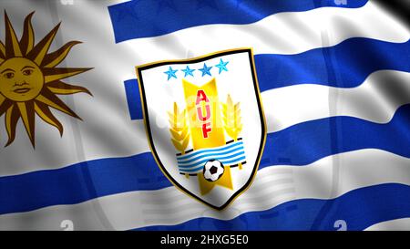 Fußballnationalmannschaft auf Nationalflagge. Bewegung. Bewegte schöne Flagge mit Logo der Fußballmannschaft. Flagge der uruguayischen Fußballnationalmannschaft Stockfoto