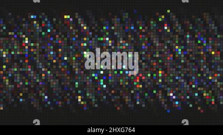 Abstrakter Hintergrund mit Pixel-Glitch-Effekt in dunklen Farben, nahtlose Schleife. Bewegung. Reihen von mehrfarbigen Rechtecken flackern über den Bildschirm. Stockfoto