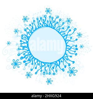 Monochromer blauer runder floraler Rahmen, handgefertigt. Vektorgrafik Stock Vektor