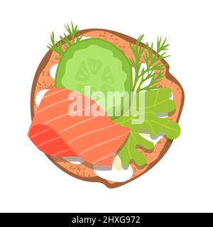 Frisches Sandwich mit rotem Kaviar, Dill, Salat und Gurke. Leckeres und appetitliches Essen. Kochen und Mittagessen. Flache Vektordarstellung isoliert auf Whi Stock Vektor