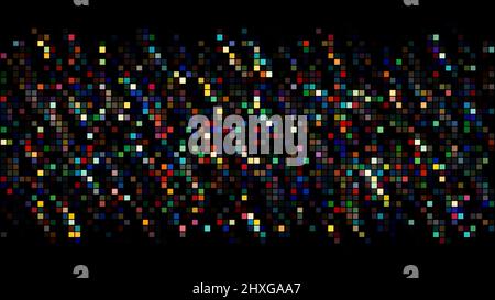 Abstrakter Hintergrund mit Pixel-Glitch-Effekt in dunklen Farben, nahtlose Schleife. Bewegung. Reihen von mehrfarbigen Rechtecken flackern über den Bildschirm. Stockfoto