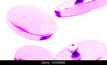 Purpurne Metallkugeln fallen herunter und springen von einer Scheibe mit flacher reflektierender Oberfläche zur anderen. Design. Hypnotische und beruhigende Wirkung fallender Kugeln Stockfoto