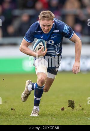 12. March 2022 ; AJ Bell Stadium, Sale, England; Gallagher Premiership Rugby, Sale gegen Gloucester: Connor Doherty läuft mit dem Ball Stockfoto