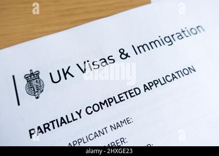 UK Visa and Immigration Form Print out with Home Office Logo Stockfoto