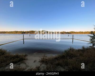 Aufgrund der Anwesenheit von Alligatoren, ein Schwimmen auf eigene Gefahr Zeichen ist auf einem Georgia See. Stockfoto