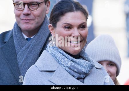 Feier des Namenstages von Kronprinzessin Victoria im Königlichen Palast in Stockholm, Schweden, am 12. März 2022. Im Bild: Kronprinzessin Victoria, Prinz Daniel, Prinzessin Estelle, Prinz Oscar. Foto von Sigge Klemetz / Stella Pictures/ABACAPRESS.COM Stockfoto