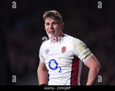 12.. März 2022 ; Twickenham Stadium, London, England; 6-Nations International Rugby, England gegen Irland: Freddie Steward aus England Stockfoto