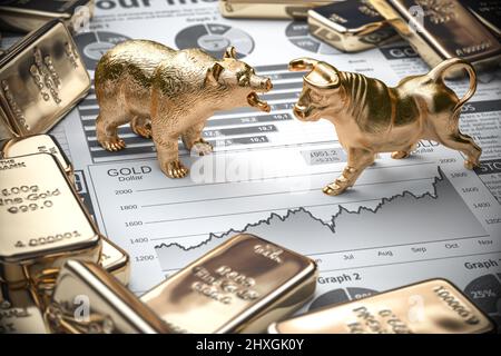 Goldene Balken und Goldbarren mit Stier und Bär auf der Aktienkarte. Investitions- und Finanzierungskonzept. 3D Abbildung Stockfoto