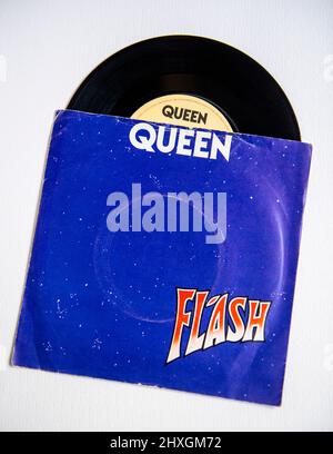 Bildercover der sieben-Zoll-Single-Version von Flash von Queen, die 1980 veröffentlicht wurde. Stockfoto