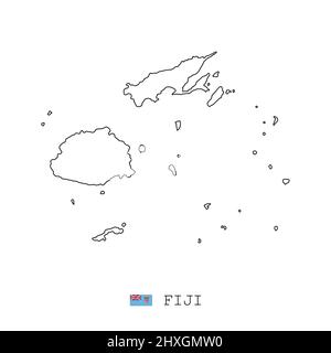 Fidschi Kartenlinie, linearer dünner Vektor einfacher Umriss und Flagge. Schwarz auf weißem Hintergrund Stock Vektor