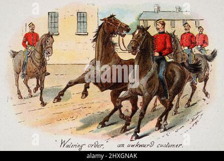 Vintage Illustration von Kavallerie Soldat mit einem widerspenstigen Pferd, Bewässerungsreihenfolge, ein unbeholfener Kunde, viktorianisches britisches Militär 19. Jahrhundert Stockfoto