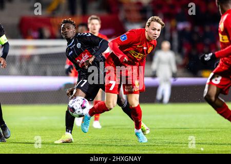 Farum, Dänemark. 11., März 2022. Andreas Schjelderup (7) vom FC Nordsjaelland beim Superliga-Spiel 3F zwischen FC Nordsjaelland und Soenderjyske rechts im Dream Park in Farum. (Bildnachweis: Gonzales Photo - Dejan Obretkovic). Stockfoto