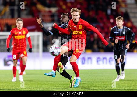 Farum, Dänemark. 11., März 2022. Andreas Schjelderup (7) vom FC Nordsjaelland beim Superliga-Spiel 3F zwischen FC Nordsjaelland und Soenderjyske rechts im Dream Park in Farum. (Bildnachweis: Gonzales Photo - Dejan Obretkovic). Stockfoto