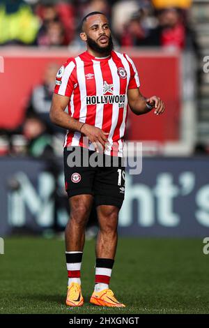 LONDON, GROSSBRITANNIEN. MÄR 12. Bryan Mbuemo von Brentford während des Premier League-Spiels zwischen Brentford und Burnley im Brentford Community Stadium, Brentford, am Samstag, 12.. März 2022. (Kredit: Tom West | MI News) Kredit: MI Nachrichten & Sport /Alamy Live News Stockfoto