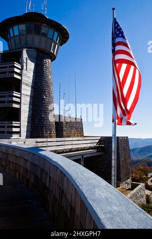 Visitor Information Center, located on the summit of the Bald, Brasstown Bald, rising 4,784 feet above sea level, is Georgia's highest mountain. On cl Stockfoto
