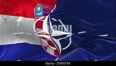 Minsk, Weißrussland - Mai, 2021: Flagge Kroatiens und der NATO bei bewölktem Himmel Hintergrund auf Sonnenuntergang. Zusammenarbeit Patriot Konzept. Organisation Des Nordatlantikvertrags Stockfoto