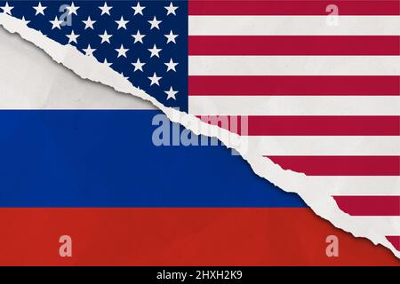 USA und Russland Flagge gerissen Papier Grunge Hintergrund Stockfoto