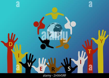 Teamwork- und Diversitätskonzept. Erhöhte Hände von Menschen und Kreis von Menschen mit verschiedenen Hautfarben mit Globus in der Mitte. Stockfoto