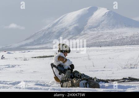 Spc. Kiel Pepper, ein Fallschirmjäger aus dem Bataillon 1., 501. Fallschirmjäger-Infanterie-Regiment, 4. Brigade, 25. Infanterie-Division, die der United States Army Alaska zugewiesen wurde, entlässt sein M240 Maschinengewehr im Rahmen einer gemeinsamen Zwangseinreiseoperation in die Donnelly Drop Zone nahe Fort Greely, AK, März 11, 2022 als Teil des Joint Pacific Multinatial Readiness Center 22-02. JPMRC 22-02 ist die erste Rotation des Home Station Combat Training Center (HS-CTC) in Alaska. Es konzentriert sich auf großräumige Kampfeinsätze (LSCO) und ist ein Training bei kaltem Wetter, das Situational Training Exercise (STX) und ein Live F umfasst Stockfoto