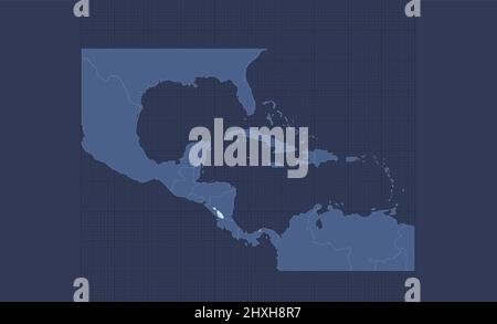 Karibische Inseln und Zentralamerika Karte, einzelne Staaten und Inseln, Infografiken blau flaches Design, leer Stockfoto